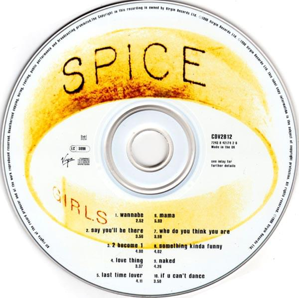 The "Spice" CD featuring tracks Wannabe, Say You'll Be There, 2 become 1, Love Thing, Last Time Lover, Mama, Who Do You Think You Are, Something Kinda Funny, Naked, and If You Can't Dance